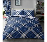 Super Dreamer 3Pcs Check Complete Duvet Set, Reversible Tartan Bedding Sets Quilt Cover With Fitted Bed Sheet & Pillowcase, Blue, Single, 11693802