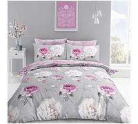 Super Dreamer Flower Duvet Cover Set, Polycotton Fabric Botanical Bedding Sets Quilt Cover With Pillowcase & Fitted Sheet, Grey/Blush Pink, Single, 11693864