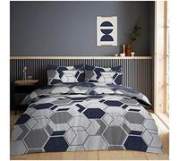 Super Dreamer Geometric Bedding Double Bed Set, Reversible Duvet Cover, Printed Complete Bed Set, Fitted Sheet with Pillowcases, Navy/Grey