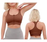 Super Eagle® High Impact Sports Bras Women's Front Zip Sports Bra Front Fastening Post Surgery Bra's Wireless with Removable Pads Yoga Gym Workout Fitness Brown
