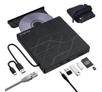 Super External CD DVD Drive, USB 3.0 DVD Burner with Ethernet Adapter, 3 USB and 2 TF/SD Card Ports, CD DVD Player Reader Writer Optical Disk Drive for Laptop PC Mac Windows Linux with Carrying Case