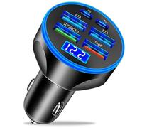 Super Fast Charge USB C Car Phone Charger Adapter 6 in 1 with Voltage Display 250W Multi Port Cigarette Lighter USB Charge for iPhone 16 15 14 13 12 11 Samsung Galaxy Huawei Oneplus Oppo Vivo