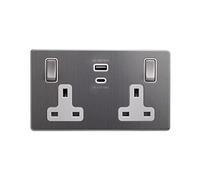 Super Fast Charging Socket Soho Lighting Brushed Chrome with White Insert 13A amp 2 Gang USB C Power UK Double Socket Charge Smart Efficient 45W
