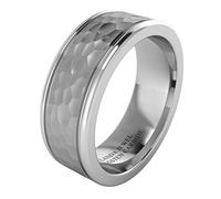 Super Heavy Tungsten Carbide 8mm Comfort Fit Hammered Wedding Band Mens Ring Dual Grooves Matt Multi-faceted Center Polished Sides (O)