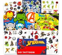 Super Hero Tattoos Party Favors Set - 150 Superhero Temporary Tattoos Featuring Marvel Avengers, Spiderman and Teenage Mutant Ninja Turtles Bundle with Avengers Reward Stickers
