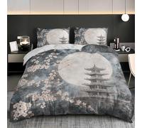 Super King 102x87 inch Duvet Cover 3 Pieces Ink Cherry Blossoms Bedding Sets with Zipper Closure, Soft and skin-friendly Brushed Microfiber Grey Quilt Cover with 2 Pillowcases