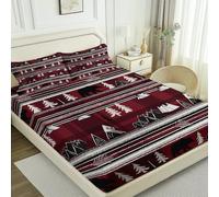 Super King 180 × 200 cm Fitted Sheet Bedding with 35cm Depth, Tribal Style Lines Pine Trees Bears Printed, Soft Cooling Bed Sheets Microfiber Fabric Ease Care Comfortable Fade Resistant - Dark Red