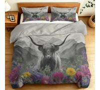 Super King 260 x 220 cm Duvet Set Artistic Farm Animals Highland Cow Bedding Set, Soft Brushed Microfiber Duvet Covers with Pillowcases, Natural Quilted Bed Sets, Pet-Hair Resistant & Easy Care, Grey