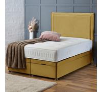 (Super King-6ft (Side Lift Opening), Mustard Plush) DIVAN BED UPHOLESTERED HEADBOARD OTTOMAN LIFT UP STORAGE+MATTRESS