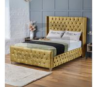 (Super King-6ft (Without Gas Lift), Mustard Plush) Plush Velvet Double Chesterfield Bed Frame Includes Mattress With Ottoman GasLift