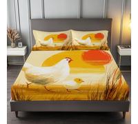 Super King Bed Deep Fitted Sheet for Kids, Country Style Hen Chicks Bedding Soft Brushed Microfiber Easy Care Bedding Sets with 2 Pillowcases Hypoallergenic Fitted Sheet, Yellow