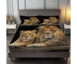 Super King Bed Deep Fitted Sheet for Kids, Photography Animals Lions Bedding Soft Brushed Microfiber Easy Care Bedding Sets with 2 Pillowcases Hypoallergenic Fitted Sheet, Black