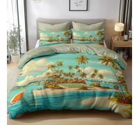 Super King Bedding Set Tropical Island Palm Tree Breathable Duvet Cover Set, Green Bedding Sets with 2 Pillowcases, Microfiber Quilt Cover with Hidden Zipper