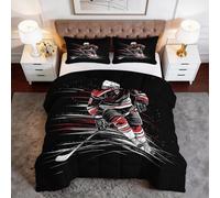 Super King Black Duvet Set with 2 Pillowcases Coverless Duvet with Ice hockey player Pattern Washable Reversible Summer Lightweight - Bedding Set