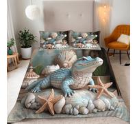 Super King Blue Crocodile With Shells Bedding Set Ultra-Soft Microfiber Duvet Cover Set 3Pcs - 260x220cm + 2 Pillowcases 50x75cm - Theme Style 3D Printed Design with Zip Closure & Corner Ties