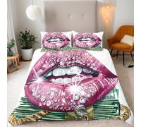 Super King Brilliant Diamond Lips-A Bedding Set Ultra-Soft Microfiber Duvet Cover Set 3Pcs-260x220cm+2 Pillowcases 50x75cm-The Art Of Wealth Desire 3D Printed Design with Zip Closure & Corner Ties