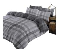 (Super King, Chracoal Grey Silver) Boston Check Duvet Cover with Pillow Case 100% Brushed Cotton Flannelette Reversible Tartan Bedding Set, Red Grey Silver, Double