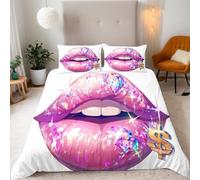 Super King Colorful Diamond Lips Bedding Set Ultra-Soft Microfiber Duvet Cover Set 3Pcs - 260x220cm + 2 Pillowcases 50x75cm-Shining Luxury Style 3D Printed Design with Zip Closure & Corner Ties