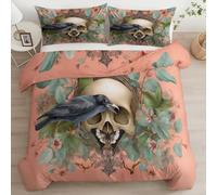 Super King Colorful Duvet Cover, Soft Anti-Allergy Gothic Style Green Leaves Skull Crow Printed Bedding Set Brushed Microfiber Duvet Covers with zipper - 260 x 220 cm for family couple children