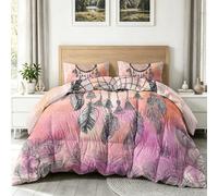 Super King Coverless Duvet - Bohemian Ethnic Flower Pendant Feather Coverless Quilt Comforter with Pillowcase and Reversible Design - Machine Washable and Hypoallergenic - Orange Pink - 220 x 240 cm