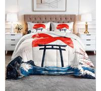 Super King Coverless Duvet Japanese Landscape Torii Gate Ocean Waves Hypoallergenic Bed Cover Bedding Comforter Duvets Sets for All Seasons, Lightweight and Cosy Machine Washable Bedding Set, Red