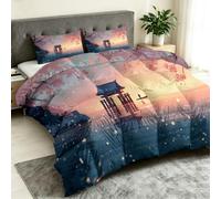 Super King Coverless Duvet with Pillowcases, Temple Sakura Quilt Set | Reversible All Weather Comforter Bedding, Soft Machine Washable Microfiber Quilt 260x220cm Japanese Temple Pink