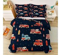 Super King Dark Navy Blue True Red Reversible Duvet Cover with Pillowcases, Cartoon Fire Engine Traffic Cone Bedding for Teens Girls Kids, American Illustration Easy Care Soft Microfiber Quilt Cover