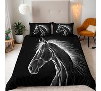 Super King Depicting A Horse Bedding Set Ultra-Soft Microfiber Duvet Cover Set 3Pcs - 260x220cm + 2 Pillowcases 50x75cm - Black And White Line Art 3D Printed Design with Zip Closure & Corner Ties