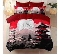 Super King Double Duvet Cover Sets, Reversible Japanese Style Temple Mount Fuji Cherry Blossom pattern Bedding Bed Set, Color Soft Warm Microfiber Quilt Covers, 260 x 220 cm for autumn and winter