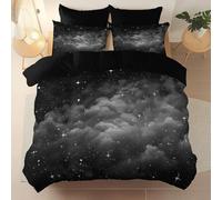 Super King Double Duvet Cover Sets, Reversible Modern Clouds Stars Night Sky pattern Bedding Bed Set, Black Soft Warm Brushed Microfiber Quilt Covers, 260 x 220 cm for autumn and winter
