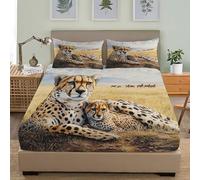 Super King Double Fitted Sheet Set 72x80 inch Deep Pocket 30 cm Soft Microfibre Animal Cheetah Mother And Child Bedding Sets, Brown Fitted Sheet Resistant Shrink & Fade Easy Care with 2 Pillowcases