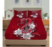 Super King Double Fitted Sheet Set 72x80 inch Deep Pocket 30 cm Soft Microfibre Notes, Dragons, And Florals Bedding Sets, Red Fitted Sheet Resistant Shrink & Fade Easy Care with 2 Pillowcases