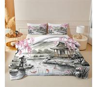 Super King Duvet 7.5 Tog - Reversible Japanese Ukiyo-e Coverless Duvet, All Year Red Sunset Comforter, Soft Microfiber - Mount Fuji Ink Painting Quilt Duvets With 2 Pillowcases, 260x220 cm D79