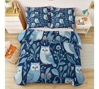 Super King Duvet Cover, Owl Plant Trees Easy Care Luxury Soft Microfiber Bedding with Pillowcases and Zipper, Hand Drawn Illustration Quilt Cover Navy Pale Ice Blue