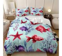 Super King Duvet Cover Set 102x87 inch Watercolor Starfish Red Fish Soft Microfiber Duvet Covers 3 Pcs, Machine Washable Bedding Set Blue with Zipper Closure with 2 Pillowcase