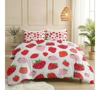Super King Duvet Cover Set 260 x 220 cm, Cute Soft Microfiber Bedding Set with 2 Pillowcases, Pink Strawberry Fruit Pattern Reversible Quilt Cover with Zipper for All Season, Pink