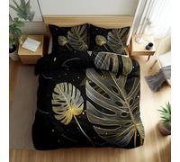 Super King Duvet Cover Set Abstract line tropical monstera leaf Bedding, Black Super Soft Cosy Warm Luxurious Stylish Reversible Bed Set with Matching Pillowcase, for Boys Girls Kids Duvet Covers