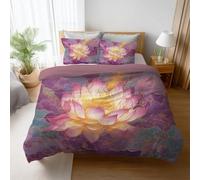 Super King Duvet Cover Set, Botanical Lotus Brushed Microfibre Bedding Set, Ultra-Soft, Breathable, Art Pink Quilt Cover for Kids & Aldults, with 2 Pillowcases, 260 X 220 cm, 3 Pac