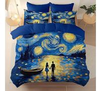 Super King Duvet Cover Set - Dream Van Gogh'S Starry Night Style Couple Bedding Set Bed with Zipper Closure, Blue Soft Non Iron Microfiber Duvet Cover 260 × 220 cm with 2 Pillowcases