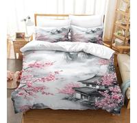 Super King Duvet Cover Set Japanese Landscape Soft Microfibre Bedding Set 3D Printed Pink Flowers Quilt Cover 260x220 cm with Zipper Closure with 2 Pillowcases 50x75 cm c.435