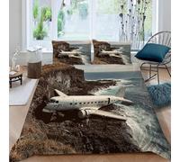 Super King Duvet Cover Set Plane Crash on the Beach 3D Printed Beach Bedding Set Brushed Microfibre Duvet Cover Set 260x200 cm with Zipper Closure and 2 Pillowcases 50x75 cm e-1877
