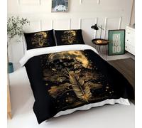 Super King Duvet Cover Set, Premium Brushed Microfiber Reversible Golden Feather Moon Tree Of Life Print Duvet Covers, Ultrasoft Hypoallergenic Non Iron Luxury Black Bedding Set With Zipper Closure