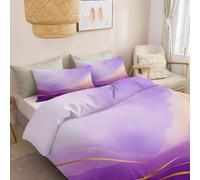 Super King Duvet Cover Set, Reversible Elegant Dreamy Bedding Set, 1 Quilt Cover and 2 Pillowcases, Lilac Marble Gold Lines Soft Hidden Zipper 4 Corner Ties, Easy Care Non-Iron