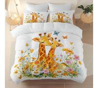 Super King Duvet Cover Set Size 260 x 220 cm With Pillowcase, Soft Cream Brushed Microfiber Bedding with Zipper Closure and 4 Corner Ties - Cartoons Cute Animals Giraffes Printed duvet cover