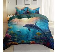 Super King Duvet Cover Set Size 260 x 220 cm With Pillowcase, Soft Green Brushed Microfiber Bedding with Zipper Closure and 4 Corner Ties - Ocean Plants Animals Dolphins Printed duvet cover