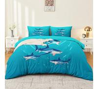 Super King Duvet Cover Set Size 260 x 220 cm With Pillowcase, Soft Navy Blue Brushed Microfiber Bedding with Zipper Closure and 4 Corner Ties - Simple Ocean Cute Animals Shark Printed Duvet Cover