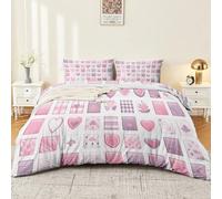 Super King Duvet Cover Set Size 260 x 220 cm With Pillowcase, Soft Pink Brushed Microfiber Bedding with Zipper Closure and 4 Corner Ties - Simple Classic Cute Stripes Flowers Printed Duvet Cover