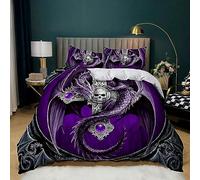 Super King Duvet Cover Set Skull & Purple Dragon Bedding Sets Super King Size Luxury, Duvet Cover with 2 Pillowcases, Microfiber Quilt Cover with Hidden Zipper