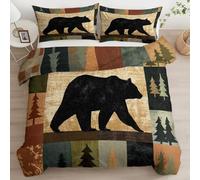 Super King Duvet Cover Set Soft Lodge Animals Black Bear Pine Tree Quilt Covers with Corner Ties, Reversible Luxury Beige-Brown Bedding Sets with Zipper Closure Easy Care Hotel Quality, 260 x 220 cm