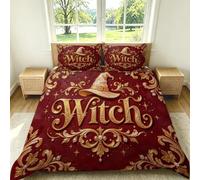 Super King Duvet Cover Sets 3 Piece 3D printed Bedding Set Wine Red Witch Hat Mysterious Retro Duvet Cover and 2 Pillowcases Soft Breathable Quilt Covers for Teens Adults G-1945